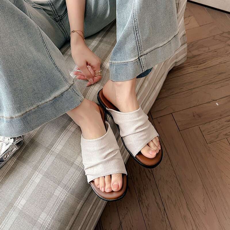 Su Yinyin Same Bangkok ~ Vacation Style Beach Linen Pleated Flat Sandals for Women Outdoor Summer Slippers