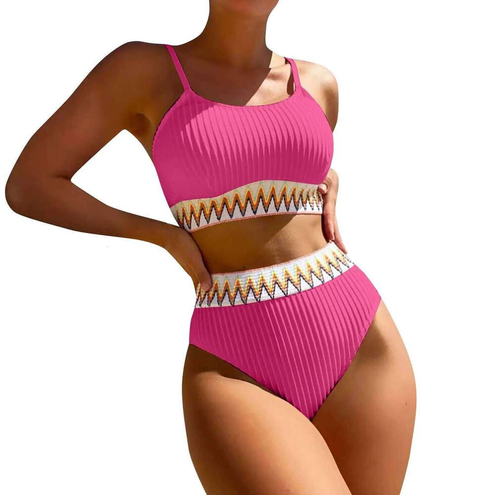 Women's High-Waisted Bikini with Stylish Stripe Design - Trendy Swimwear Set