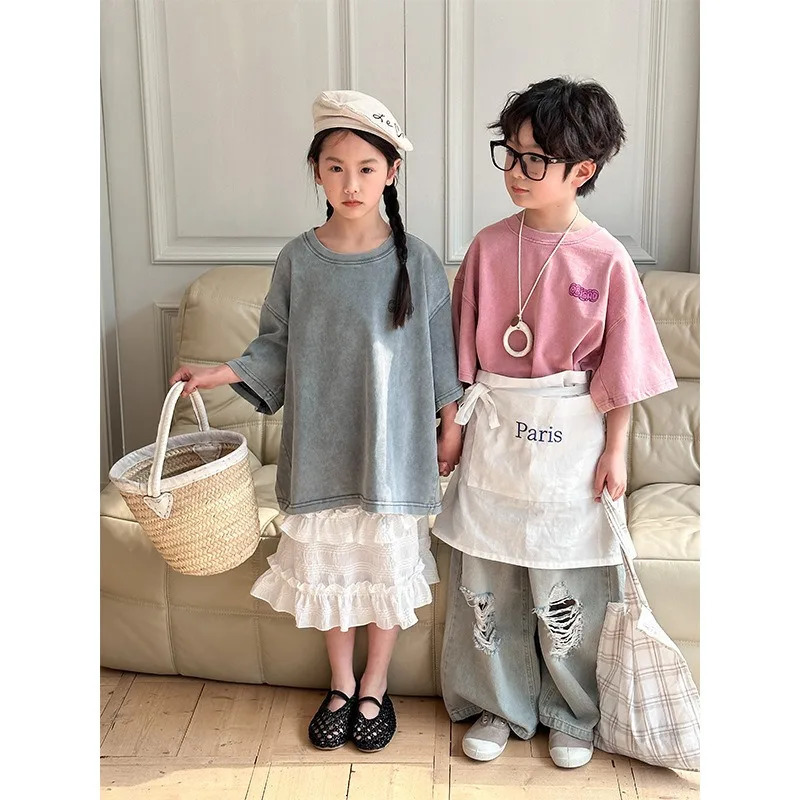 Children Brothers and Sisters Family Matching Outfits Summer Pink Grey Loose Short Sleeve Tshirt Girl Boys Tees H24317 250528
