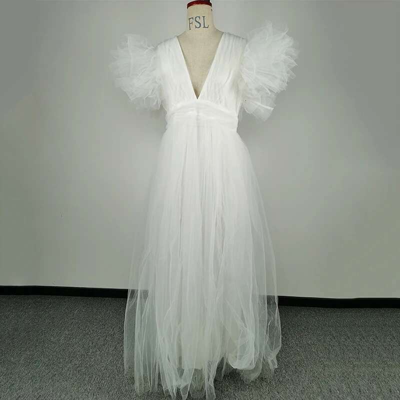 Party Dresses Women Evening White Dress Short Sleeve V Neck Mesh Chiffon Plus Size Sexy Maxi Dress Wholesale Dropshipping