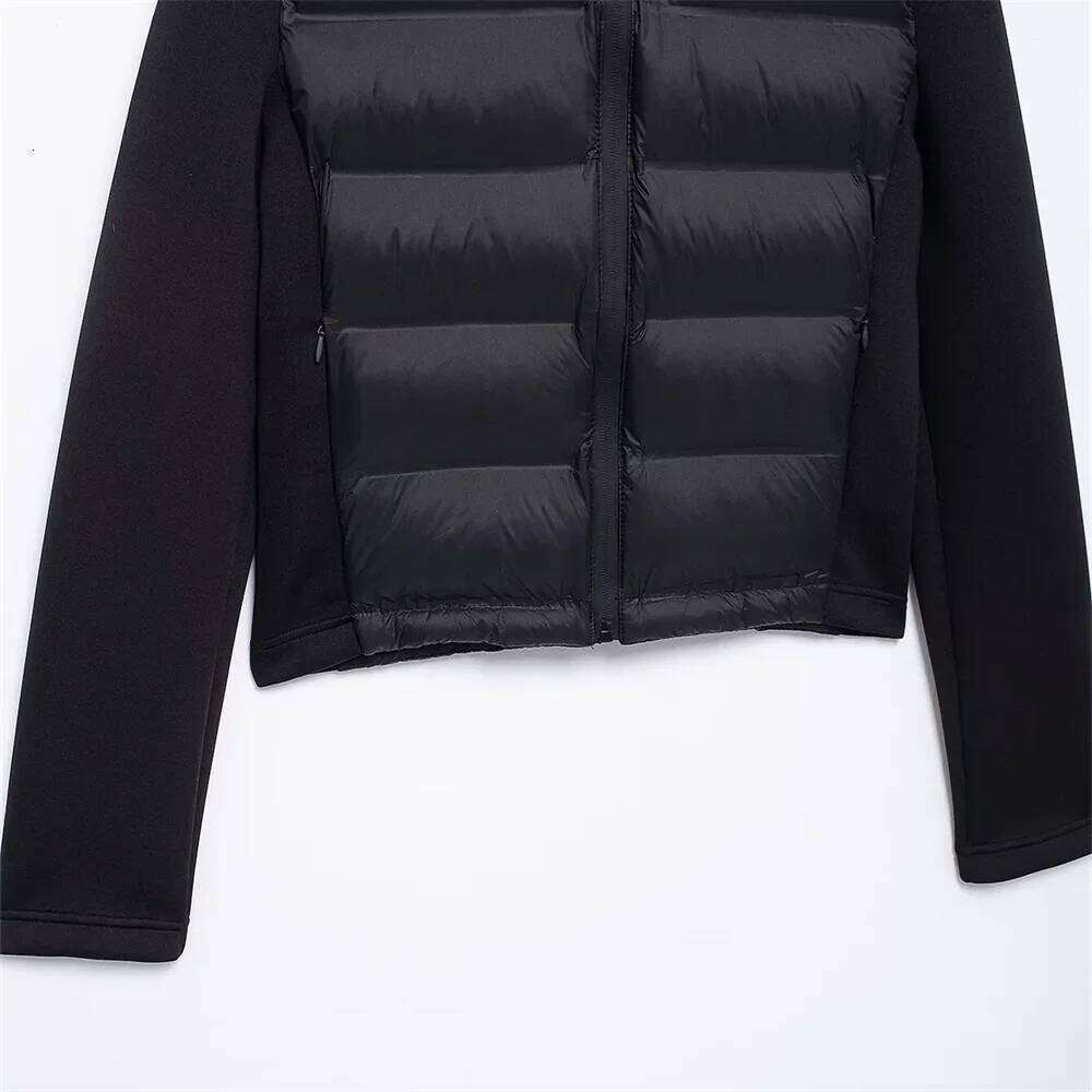 ZBZA Woman's Neoprene Effect Jacket High Collar Long Sleeves Hooded Splice Warm Overcoat Autumn Winter New Female Chic Outerwear