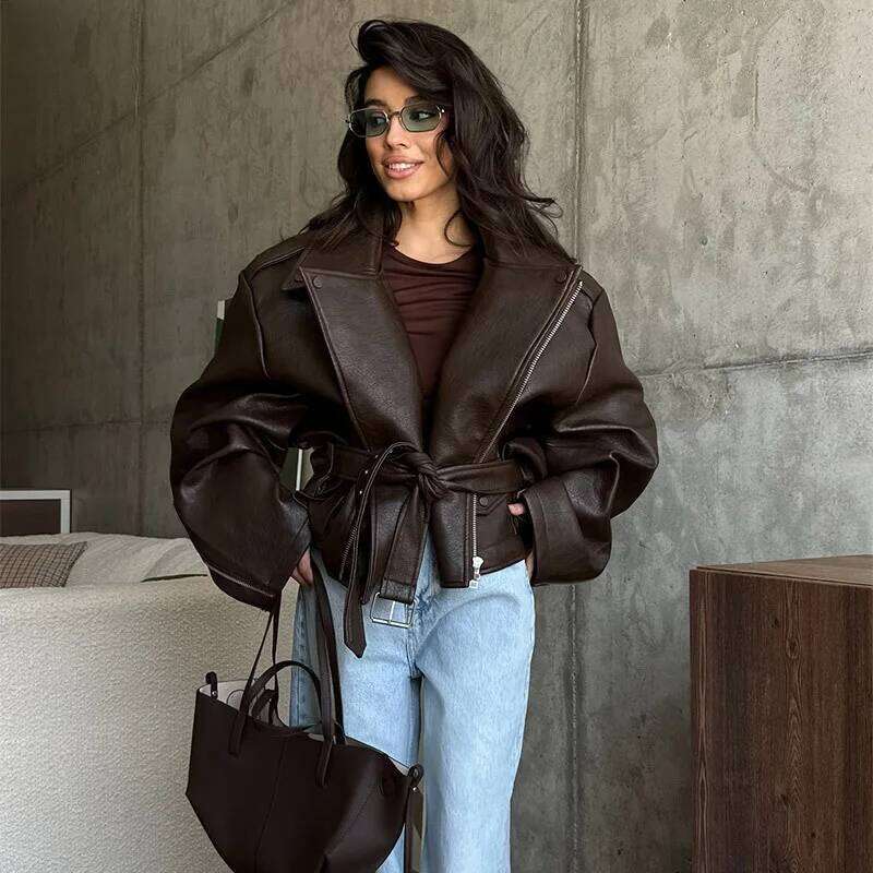With Belt Leather Jacket Coat Lace Up Waist Cinched Suit Collar Slimming Zipper Biker Jackets Outwear Women Overcoat Streetwear