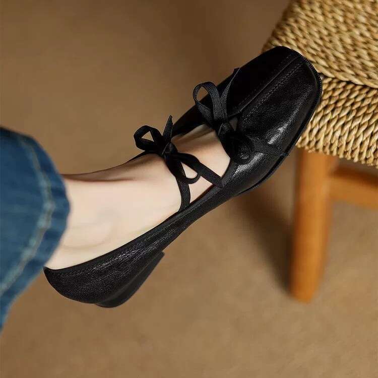 Hot Academy Hot Soft Bow Mary Jane Small Leather Versatile Square Head Flat Single Shoes for Women 2025 New Style