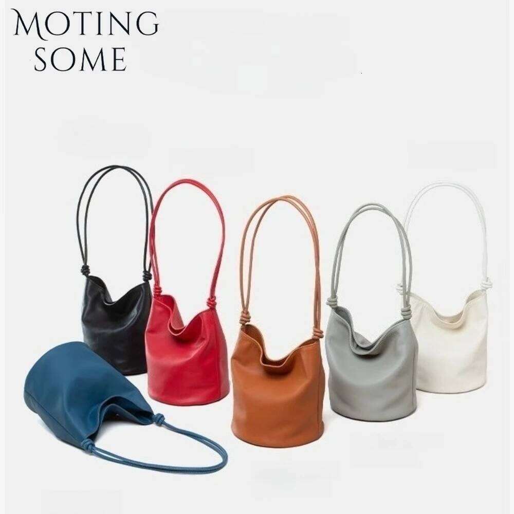 Motingsome Full Grain Cowhide Leather Handbag Women Mini Bucket Tote Strings Shoulder Summer Bags Daily Commuting Purse 2025 New