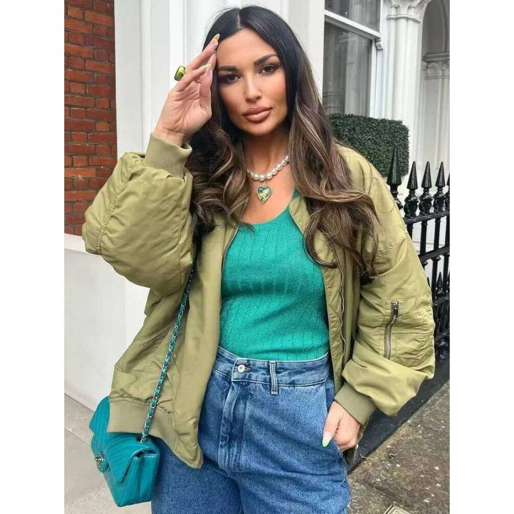 ZBZA Women's Spring Autumn Round Neck Loose Bomber New Oblique Pocket Zipper Oversized Jacket Coat Chic Female Outerwear
