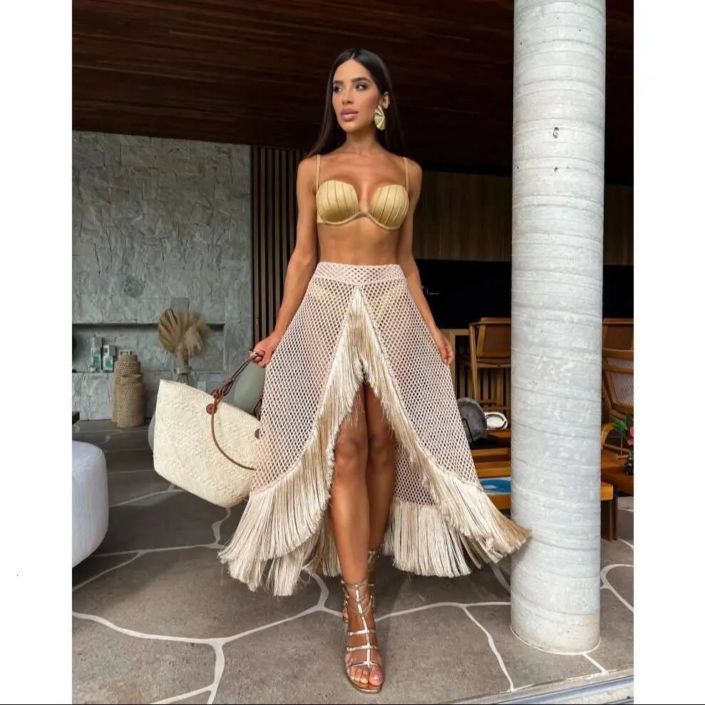 3 Pics Set With Tassel Skirt Bikini Women Swimsuit Button High Waist Swimwear Bathing Suit Beachwear Biquini