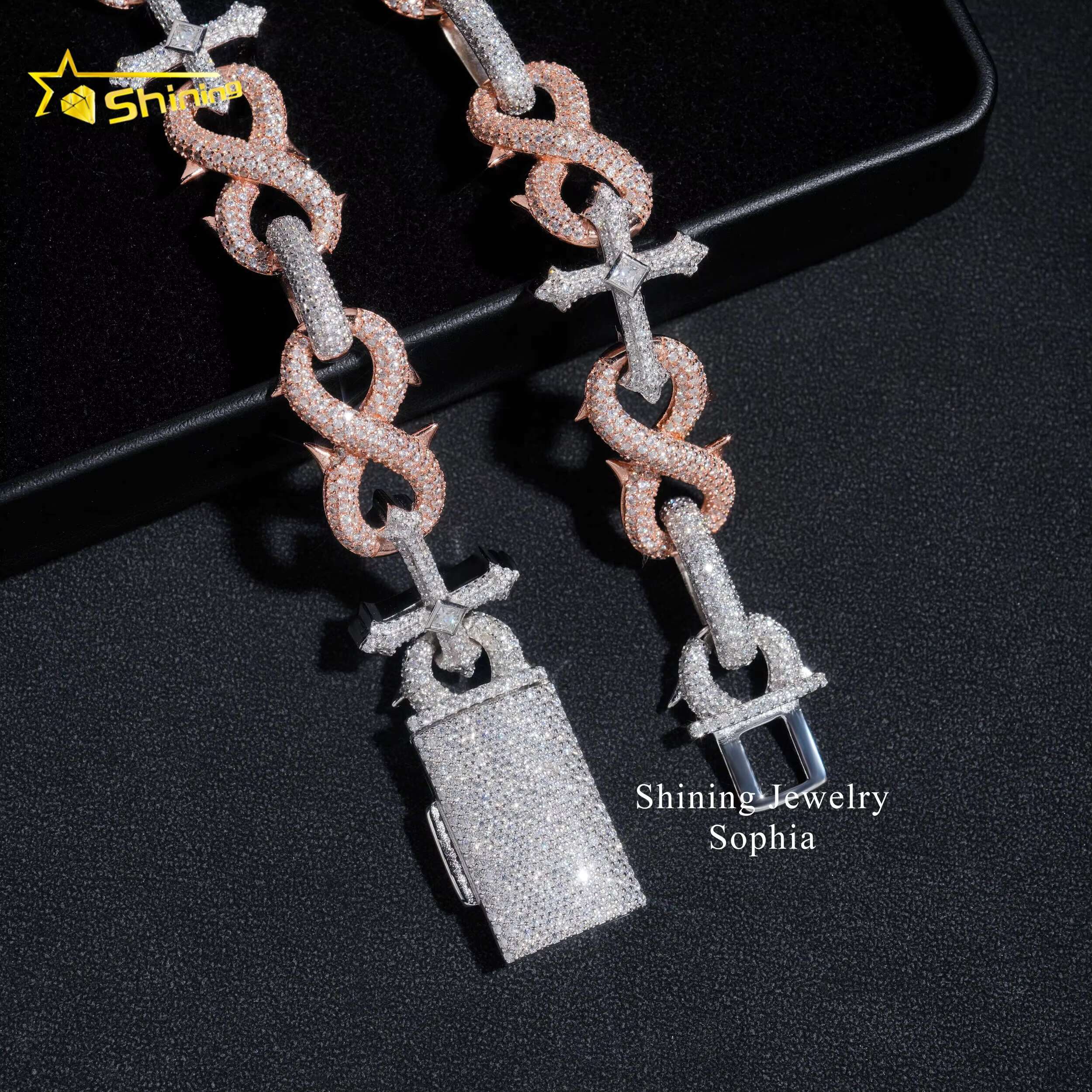 Pass Diamond Tester 16mm Luxury Infinity Style 14k Gold Plated Two Tone Cross Style Hip Hop Iced Out Cuban Chain Necklace