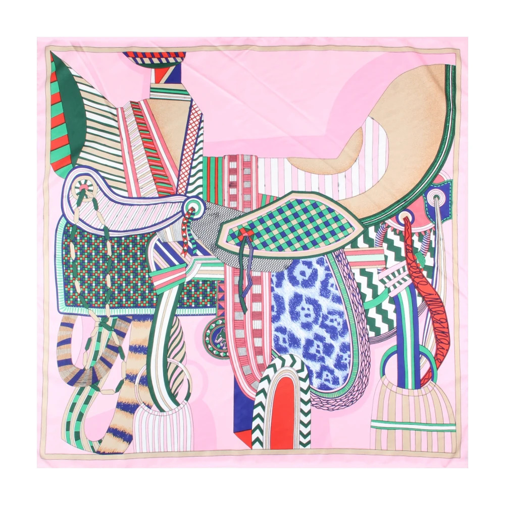 90CM Twill Silk Saddle Chains Print Square Scarf Shawl Women Hijabs Bandana Handmade Curled Foulard Head Scarves 250527