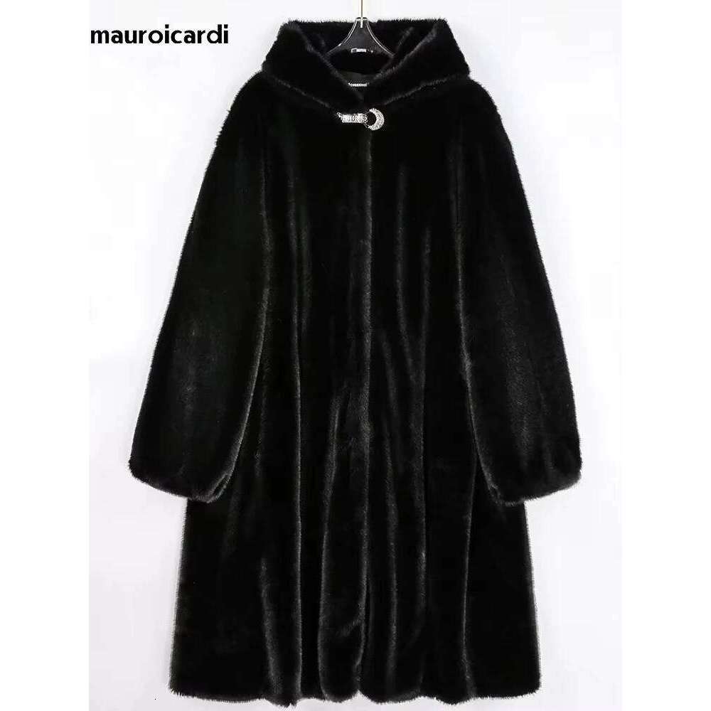 Mauroicardi Autumn Winter Long Black Thick Warm Soft Faux Mink Fur Coat Women with Hood Elegant Chic Fluffy Jacket