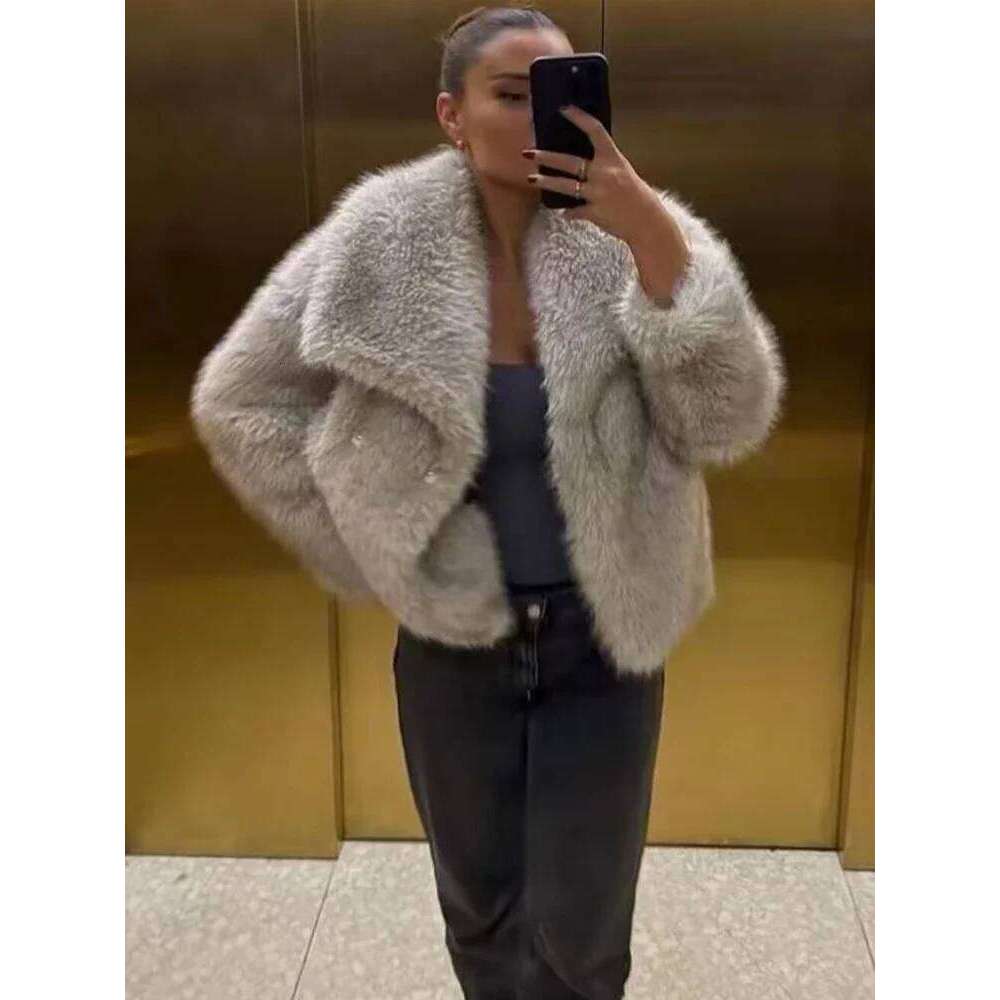 TRAF Woman Autumn Winter Faux Fur Coat Plush Fluffy Women's Jacket New in Outerwears White Red Gray Black Wool Blends Coats