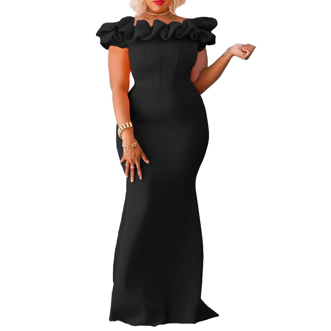Plus size evening dresses 2025 new solid color long dresses fishtail dresses with ruffle trim slim fit skirts Designer Luxury Dresses