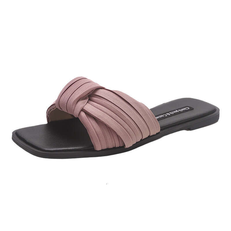 2025 New Summer K Fashion Beach Vacation Square Toe One-Strap for Women Outdoor Pleated Flat Sandals