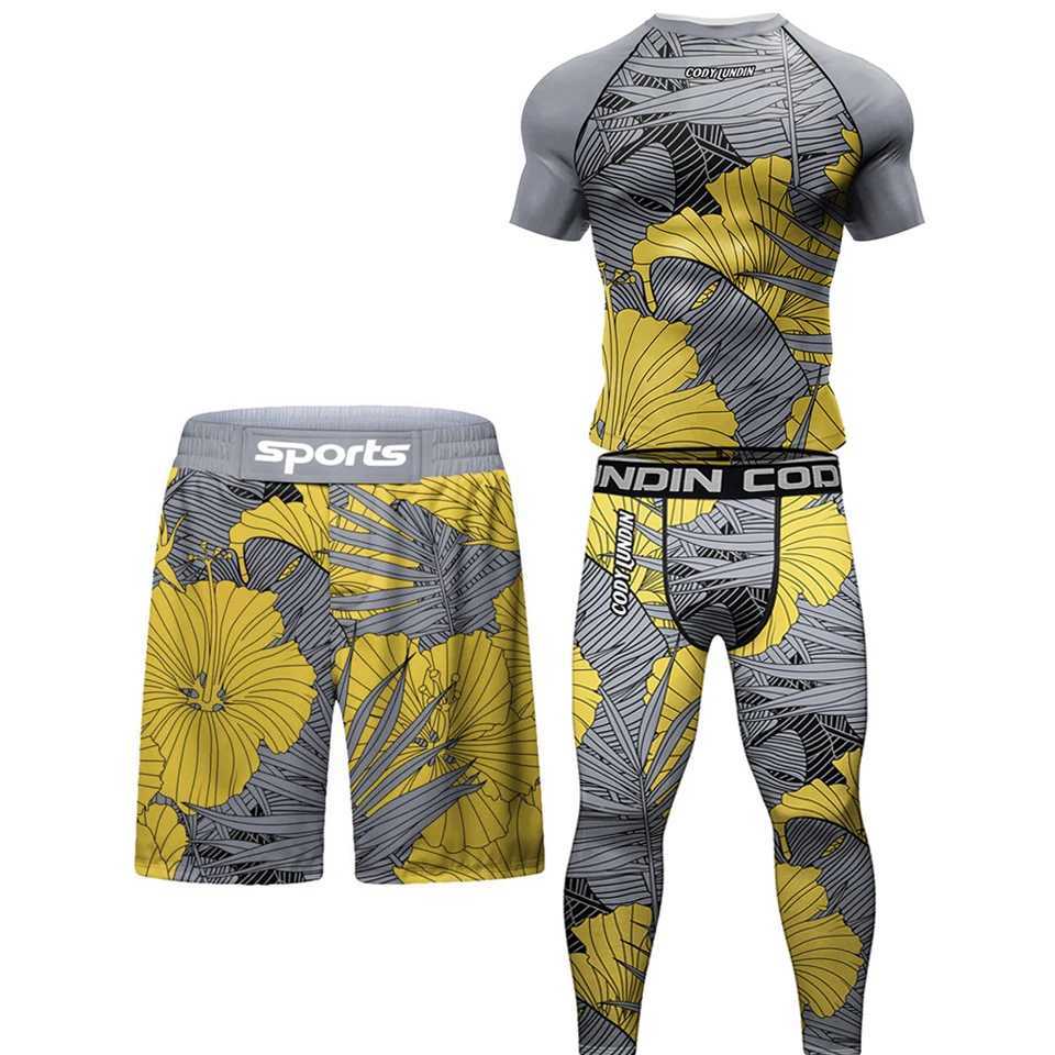 Factory Kickboxing Rashguard Jiu Jitsu MMA T-shirt +Pant 4PCS/Set Men Grappling Bjj Gi Boxing Sportsuits Gym Muay Thai Shorts X250528