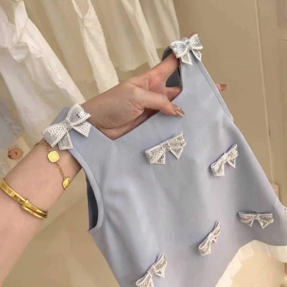 Summer New Korean Version Fashionable Girls Clothes Sleeveless Bow Sequin Lace Vest Dress Cool and Casual for Kids Daily Wear X250528