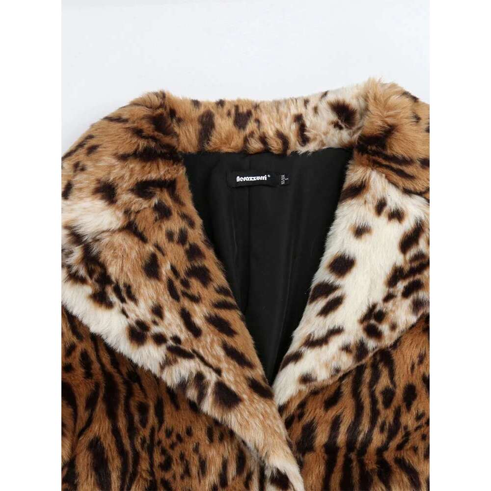 Nerazzurri Winter Long Loose Thick Warm Soft Fluffy Leopard Print Faux Fur Coat Women Lapel Runway European Fashion 2022