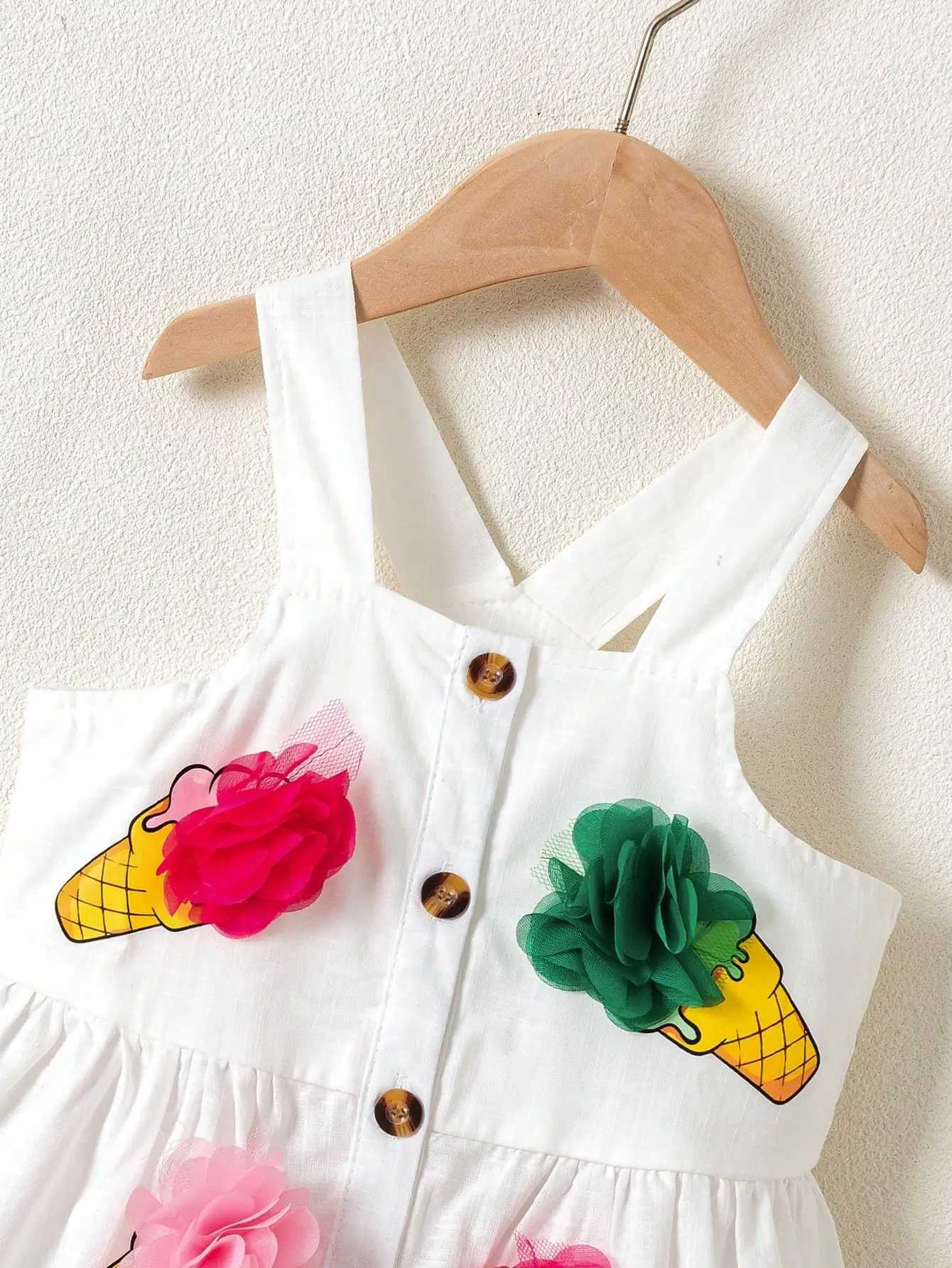 Girls Ice Cream Print Dress - White Woven Sleeveless Summer Gown with 3D Flowers Soft Outfit for Family Daily 4-7Y X250528