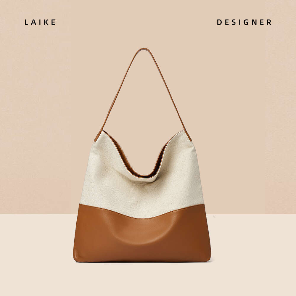 Color-Block Cowhide and Canvas Casual Lazy Style Underarm Shoulder Large Capacity Tote Bag for Women