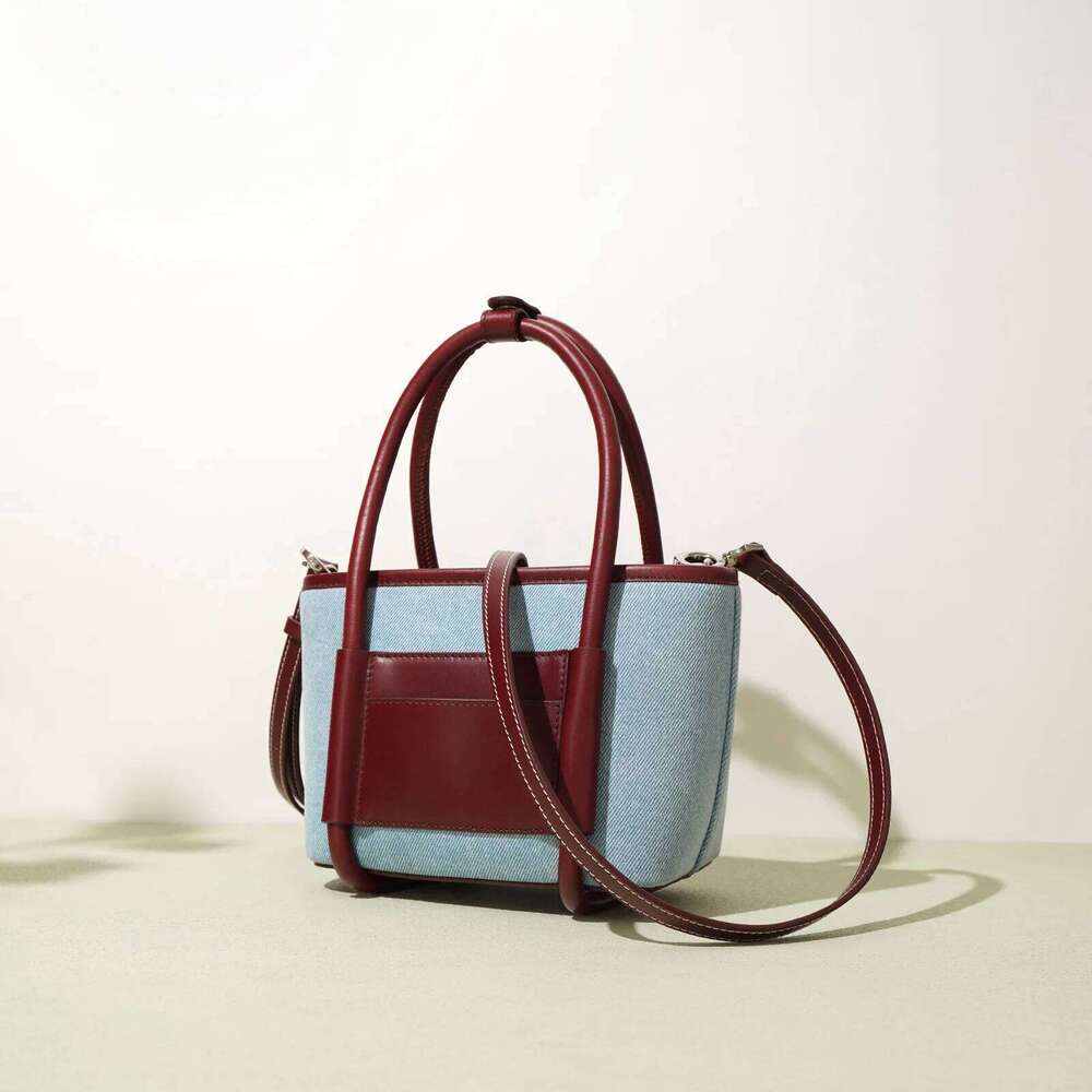 2024 New Women Bag Lady Summer Mini Basket Handbag Tote Female Denim Fabric With Genuine Leather Cross-Body Shoulder Messenger