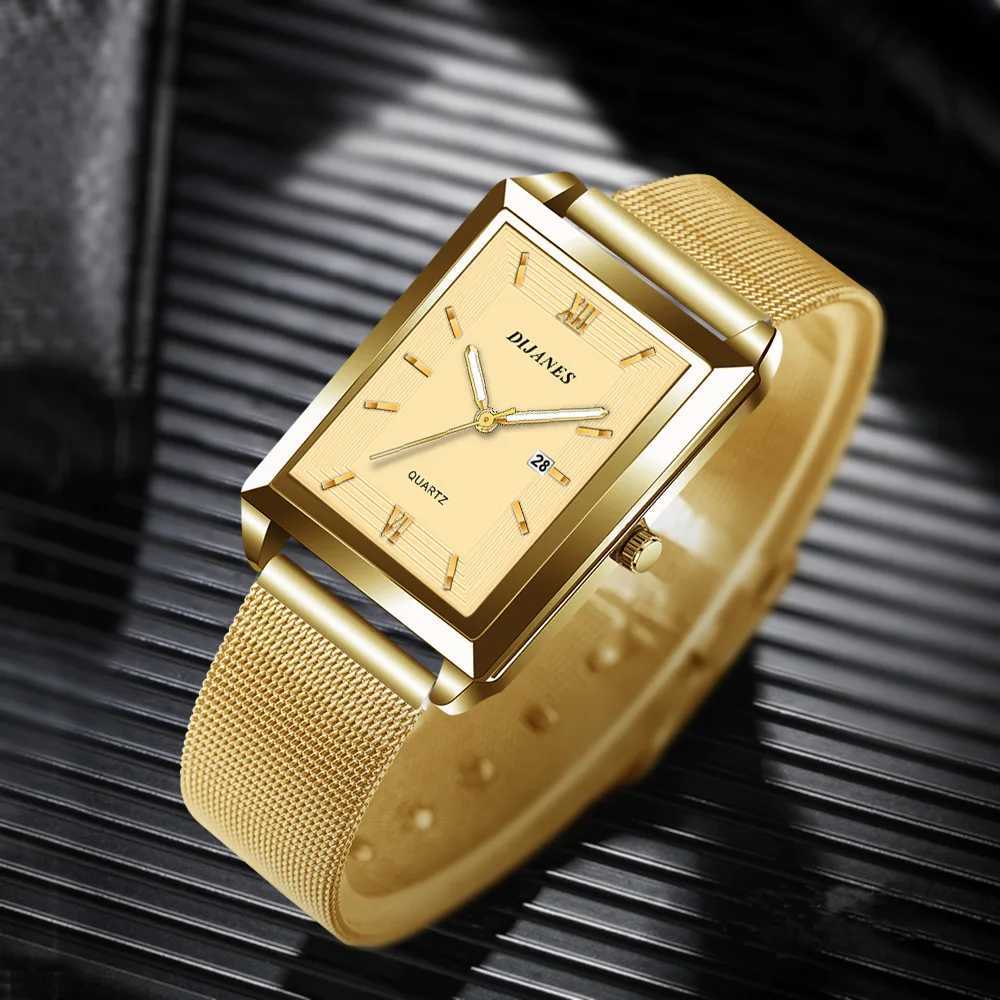 Top Brand Mens Watches Luxury Fashion Square Quartz Wrist Watch Waterproof Calendar Silver Gold Watch for Men Reloj HombreXJ250527