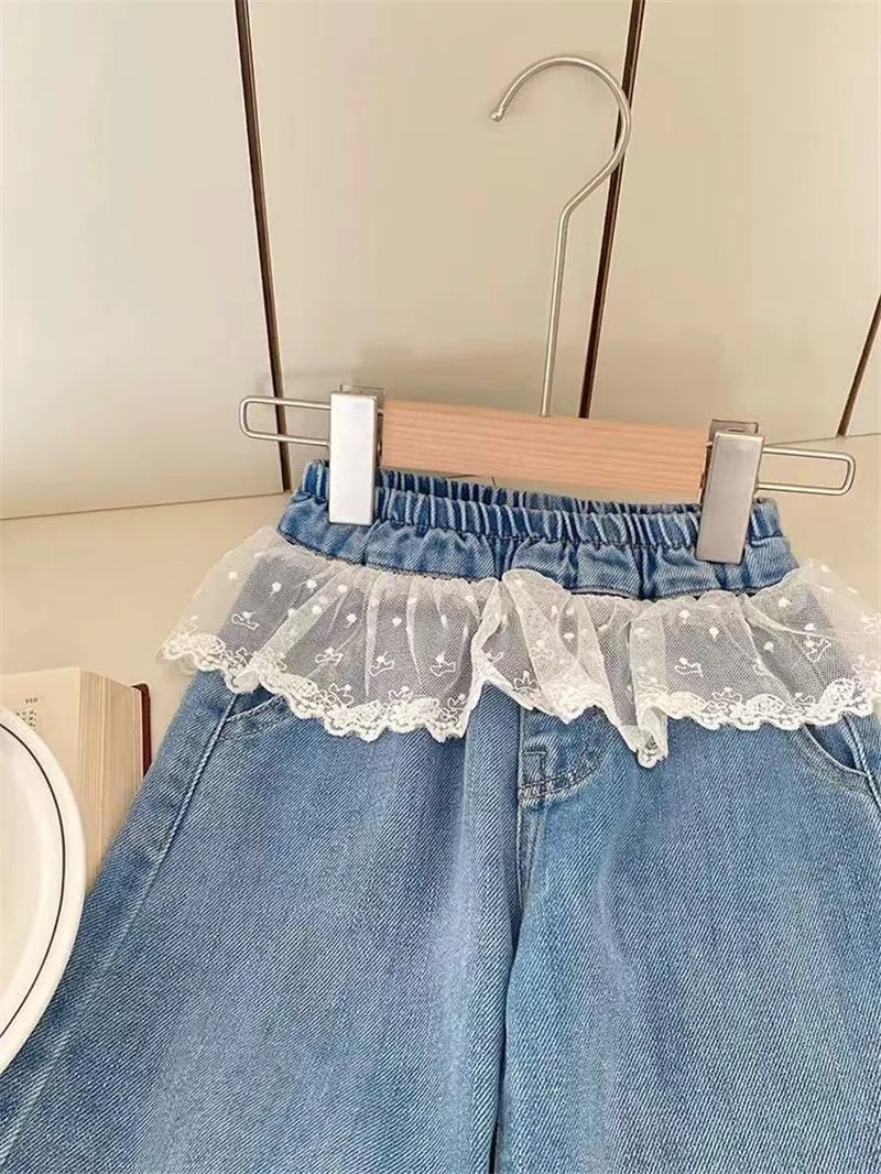 Girls Stitching Lace Denim Pants Spring Embroidered Bow Jeans Children Clothes Kids Straight Legged Loose Trousers 250528