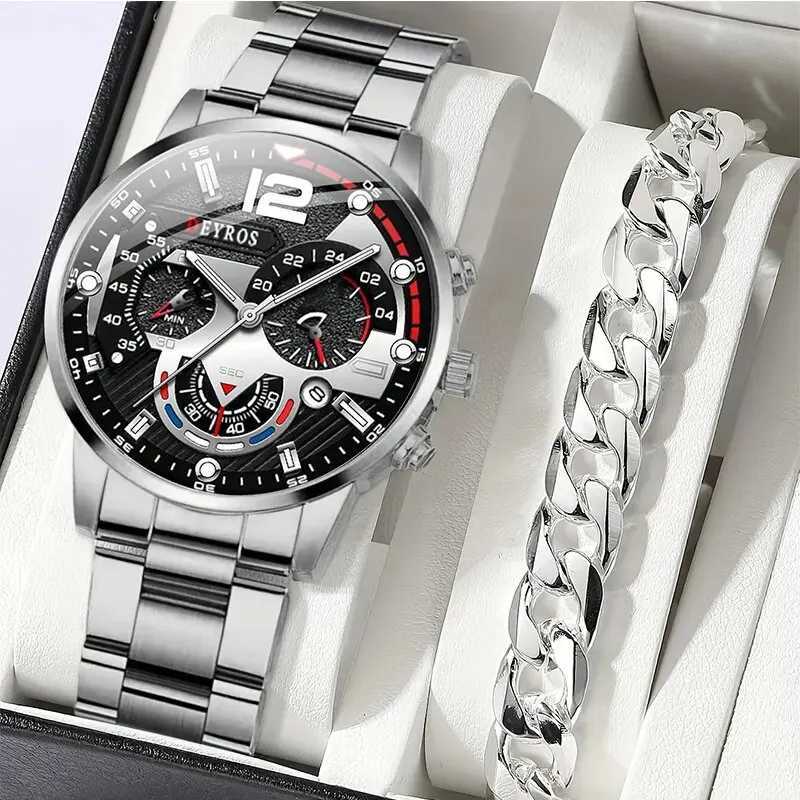 2pcs Luxury Mens Silver Quartz Watch With Stainless Steel Bracelet Men Fashion Business Casual Watch Luminous Clock XJ250527