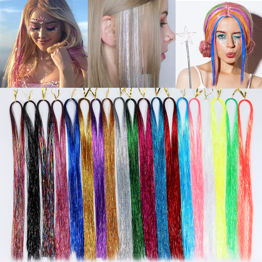 47 Inches Hair Extension Tinsel 12 Colors Glitter Hair Extensions for Women Girls Hair Accessories for Christmas New Year Halloween Cosplay Party