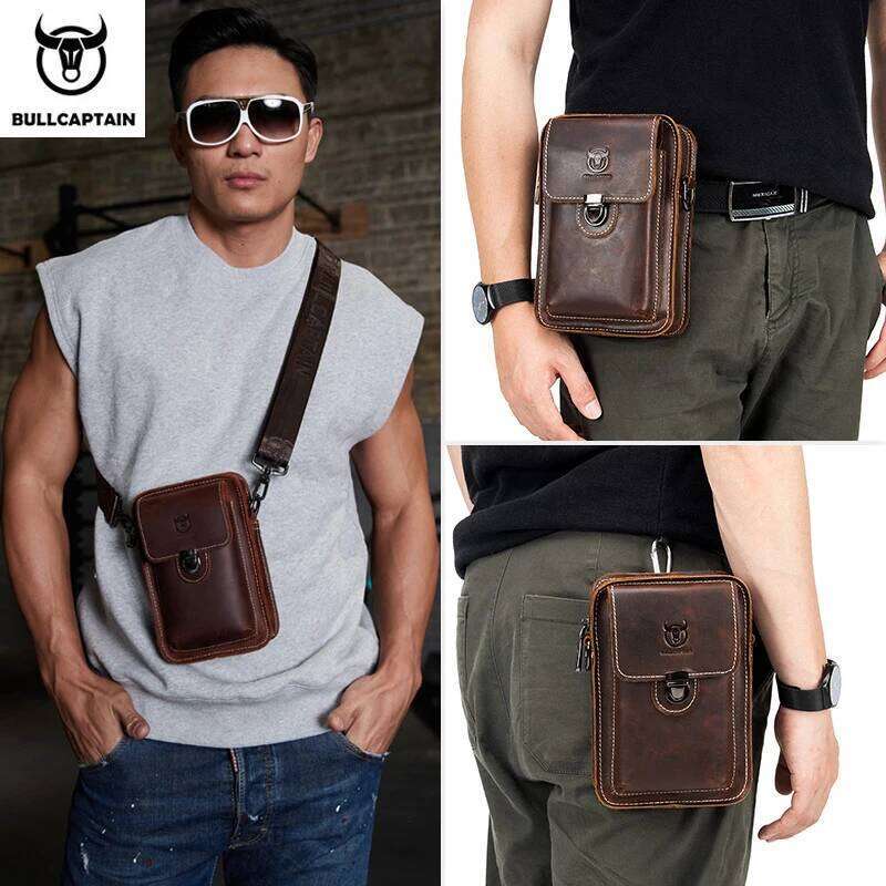 BULLCAPTAIN Crazy Horse Leather Male Phone Pouch Bags Waist Men's Small Chest Shoulder Belt Bag Back Pack Yb075