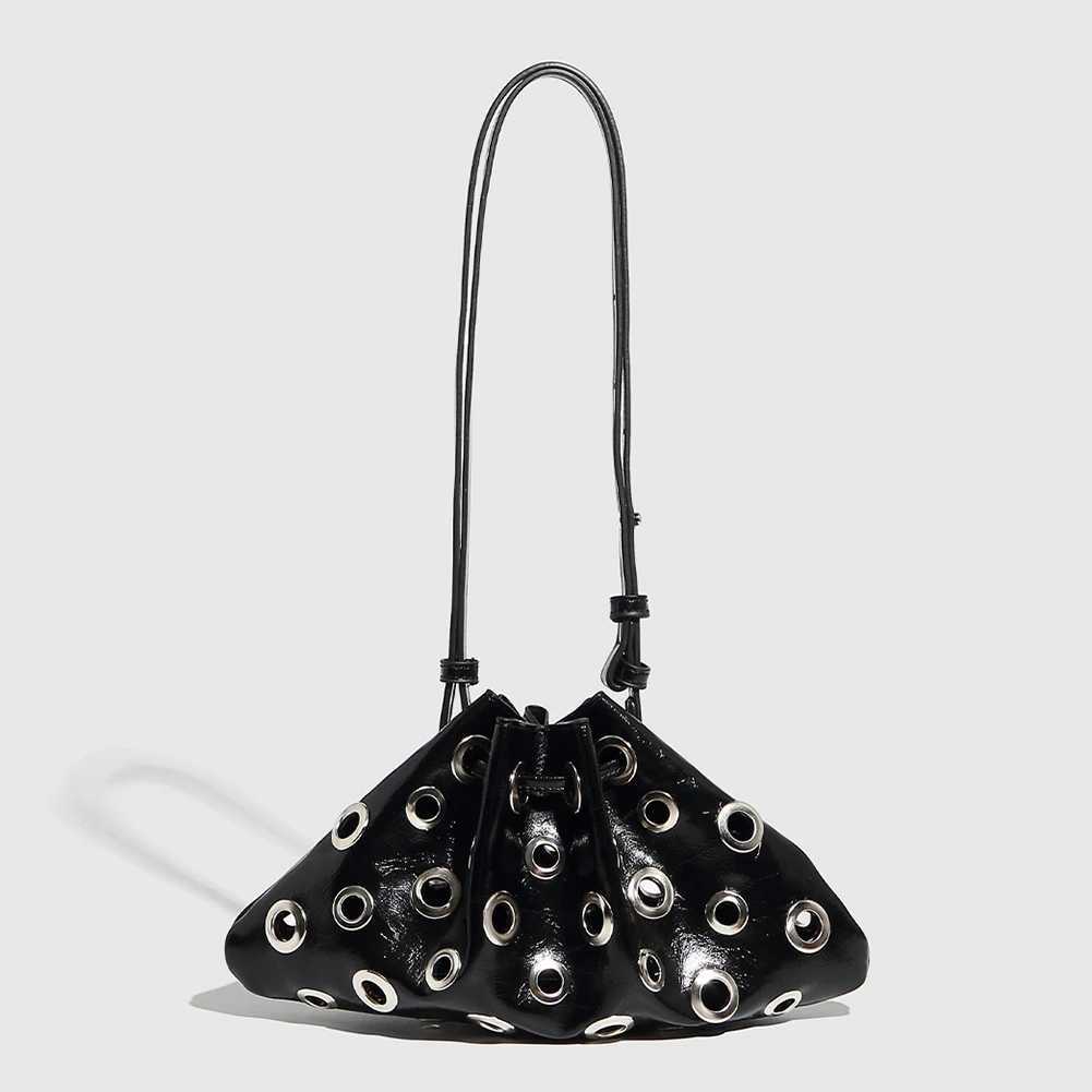 Women Metal Stud Y2k Shoulder Bag Large Capacity Retro Hollow Handbag Drawstring Crossbody Bag Shopping Vacation Handbag Y250528