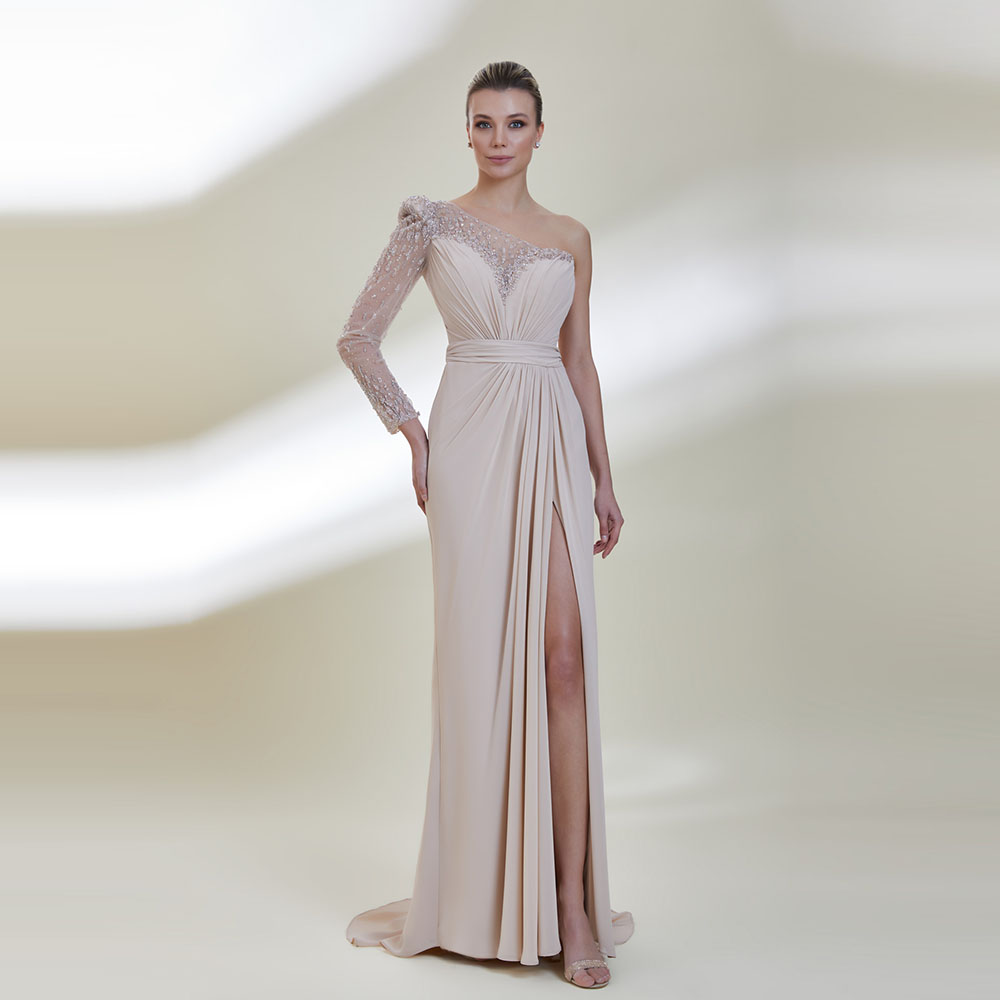 Fabulous One-Shoulder Evening Dresses Beading Pearls Split Show Figure Sexy Prom Dresses Illusion Floor-Length Party Gown