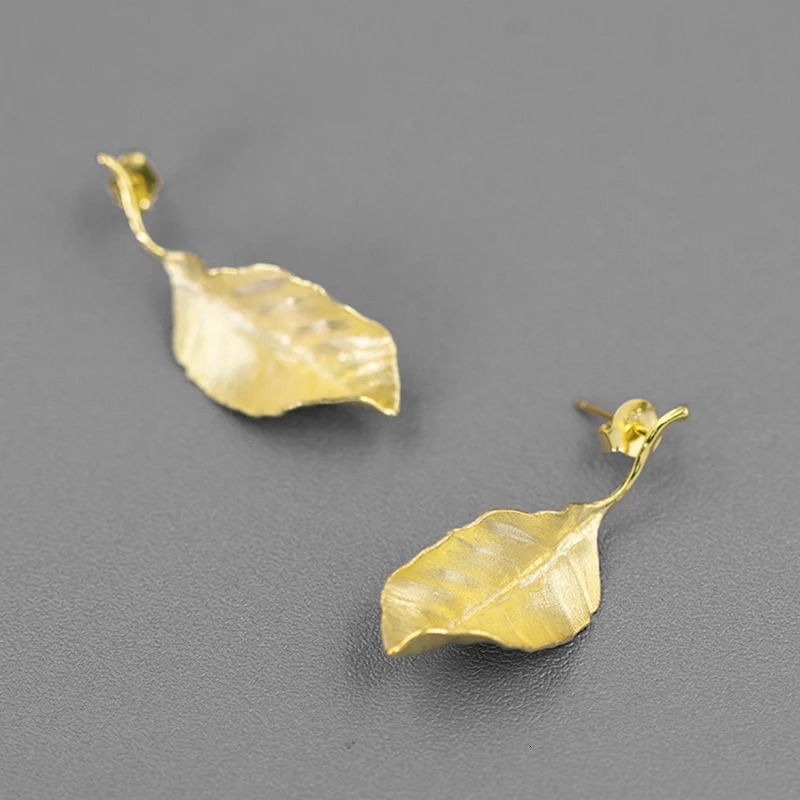 S925 Sterling Silver Autumn Large Leaf Stud Earrings Gold Fine Jewelry Earrings for Women Gift 250527