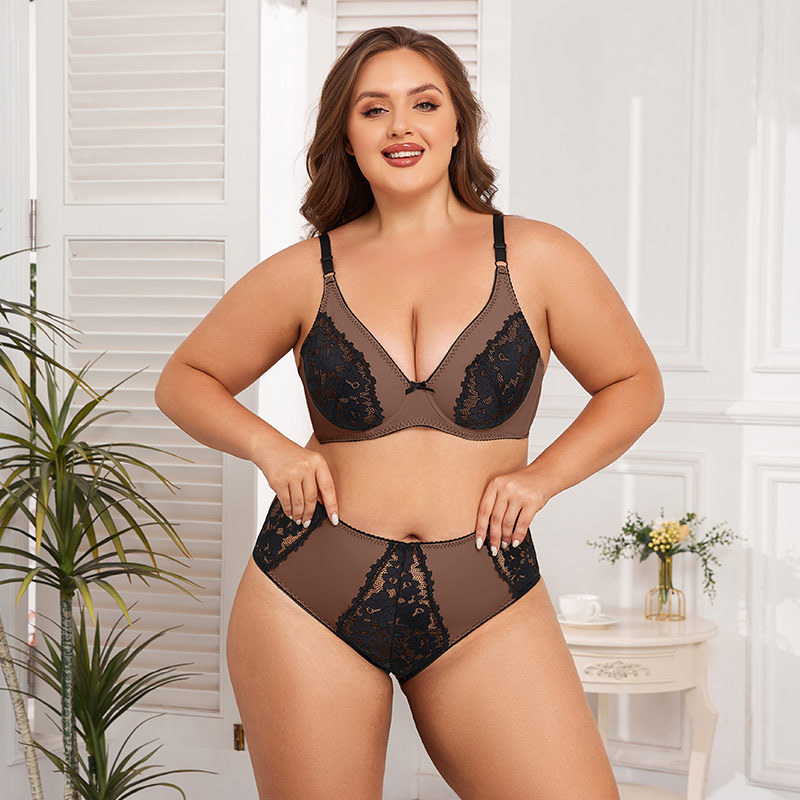 Gexifang E Cup Full Coverage Bra with Semi-Transparent Lace - Large Size Womens Underwear Set