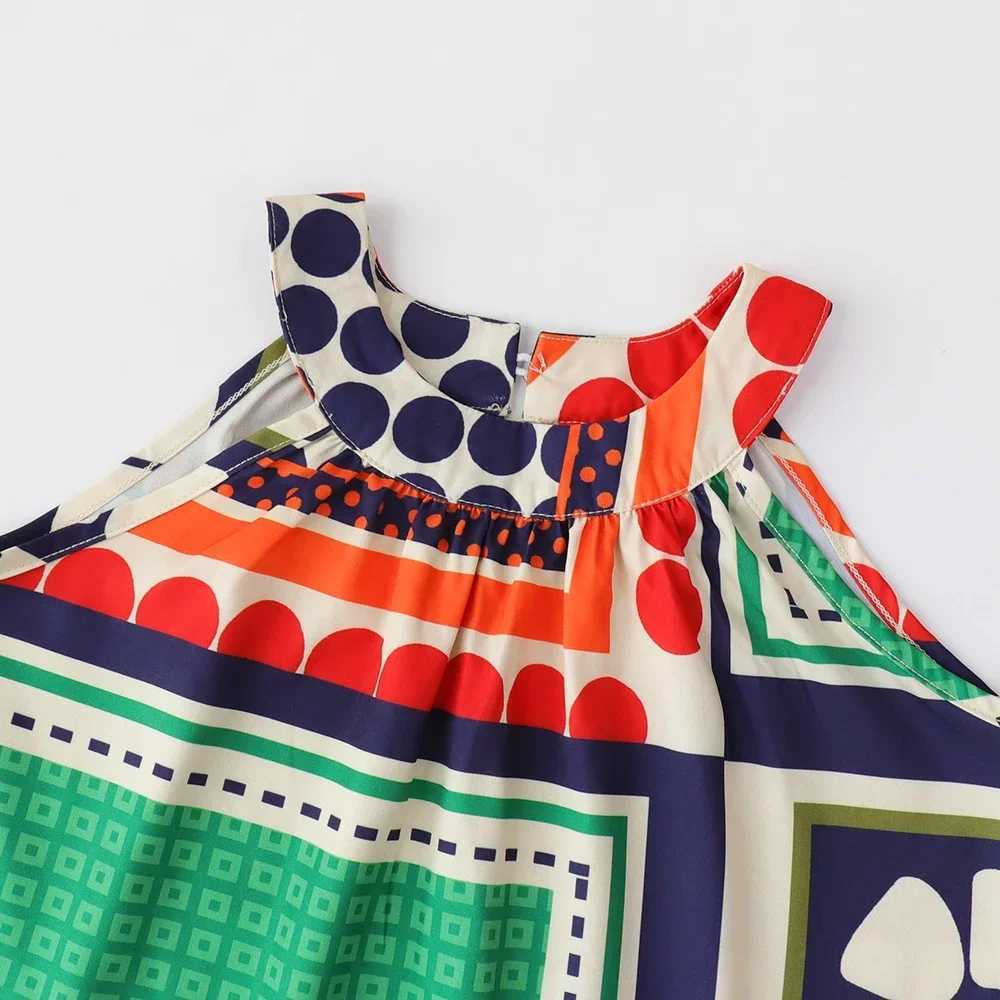 Summer Girls Clothing Geometric Pattern Hanging Neck Dress Sleeveless Strap Spliced Dress Kids Dresses for Girls X250528