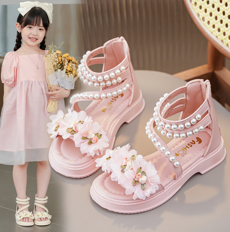 Girl Sandals Summer Toddler Sandals for Girls Fashion Sweet Kidsnest Kids Causal Pearl Roman Sandals Solid Color Sizes US7C-US5Y K0702