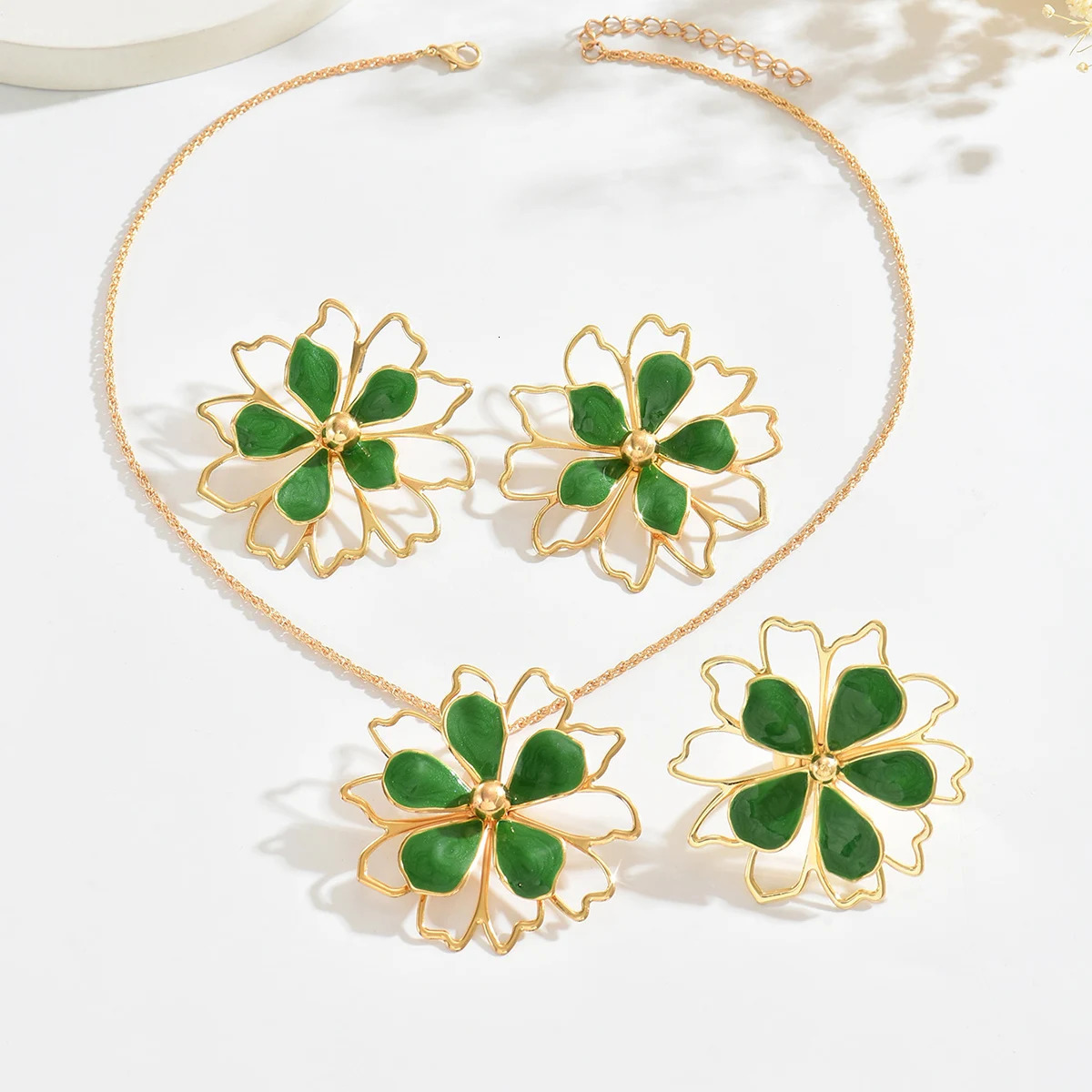 Trendy Colorful Hollow Enamel Flower Earrings Necklaces Rings for Women Bohemia Exquisite Floral Jewelry Sets Summer Accessories 250527