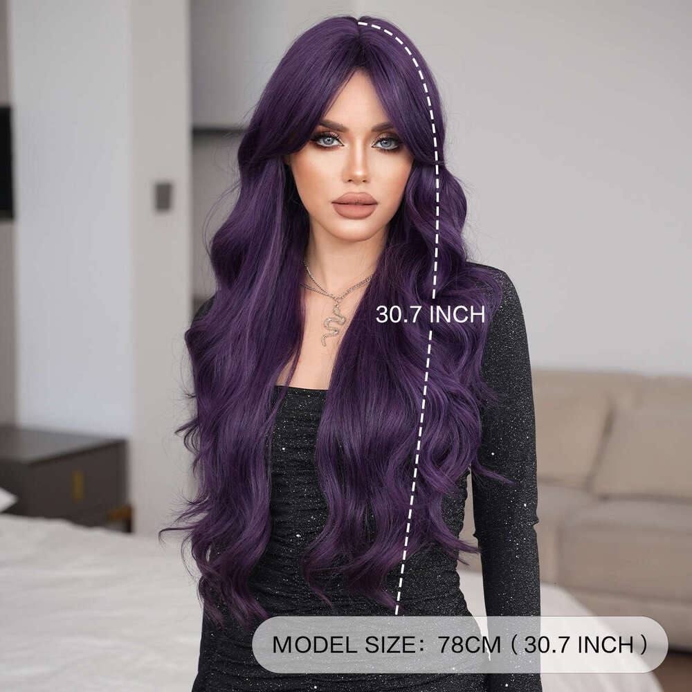 For Women Long Curly Hair Natural Fluffy Deep Purple Wig Full Head Set
