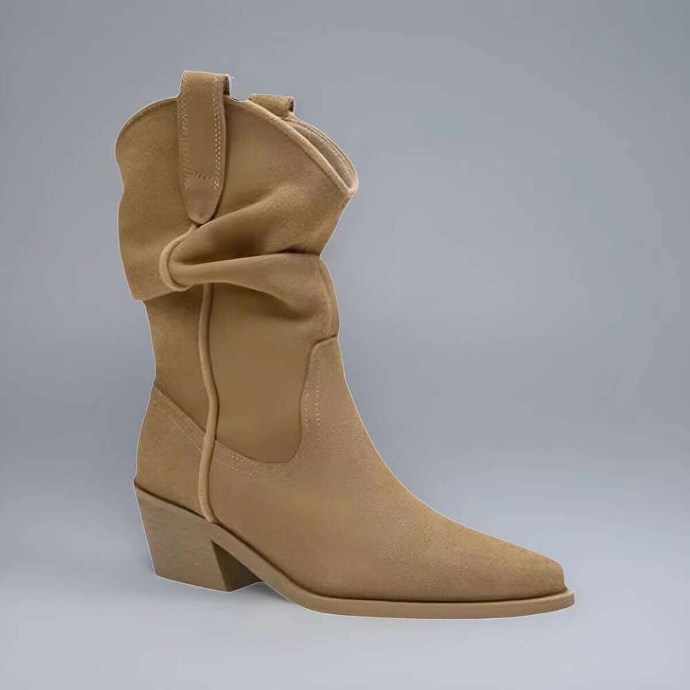 Zhao Lusi Style Slouch Suede Pointed Toe Chunky Heel Western Cowboy 2024 Mid-Calf Martin Women's Short Boots