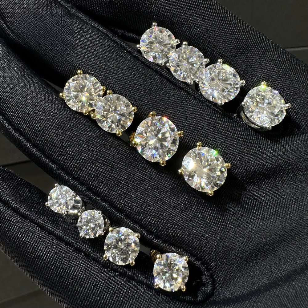 Gold Plated DVVS Moissanite earrings Screw Back Round cut 4 Prong Stud Earrings Sier Hip hop Earring for men and women