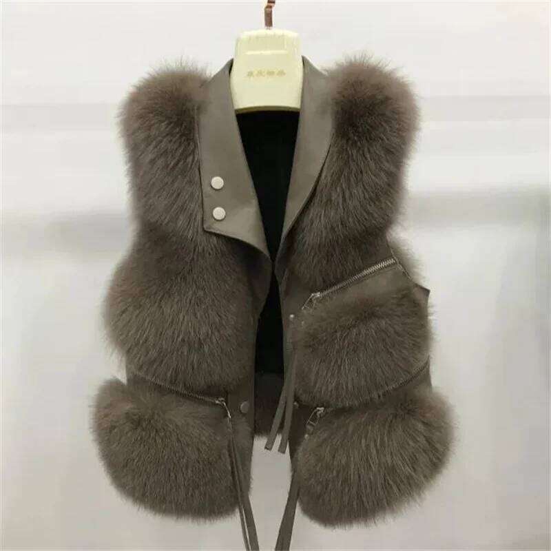 2025 Faux Vest Coat Women's Lapel Sleeveless Buckle Slim PU Leather Outerwear High Street Plush Fur One Piece Jack
