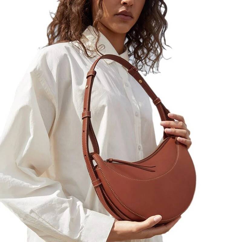 French Niche Design Single Shoulder Crossbody Crescent Genuine Leather Women's Bag, Armpit Saddle Bag