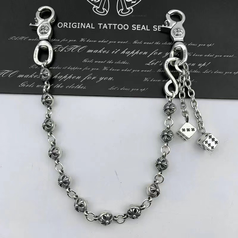 Chrome cross flower dice ball buckle waist pants Keyring chain thai silver designer bag chain personalized men women retro bag hanging Key ring thick jewelry gift