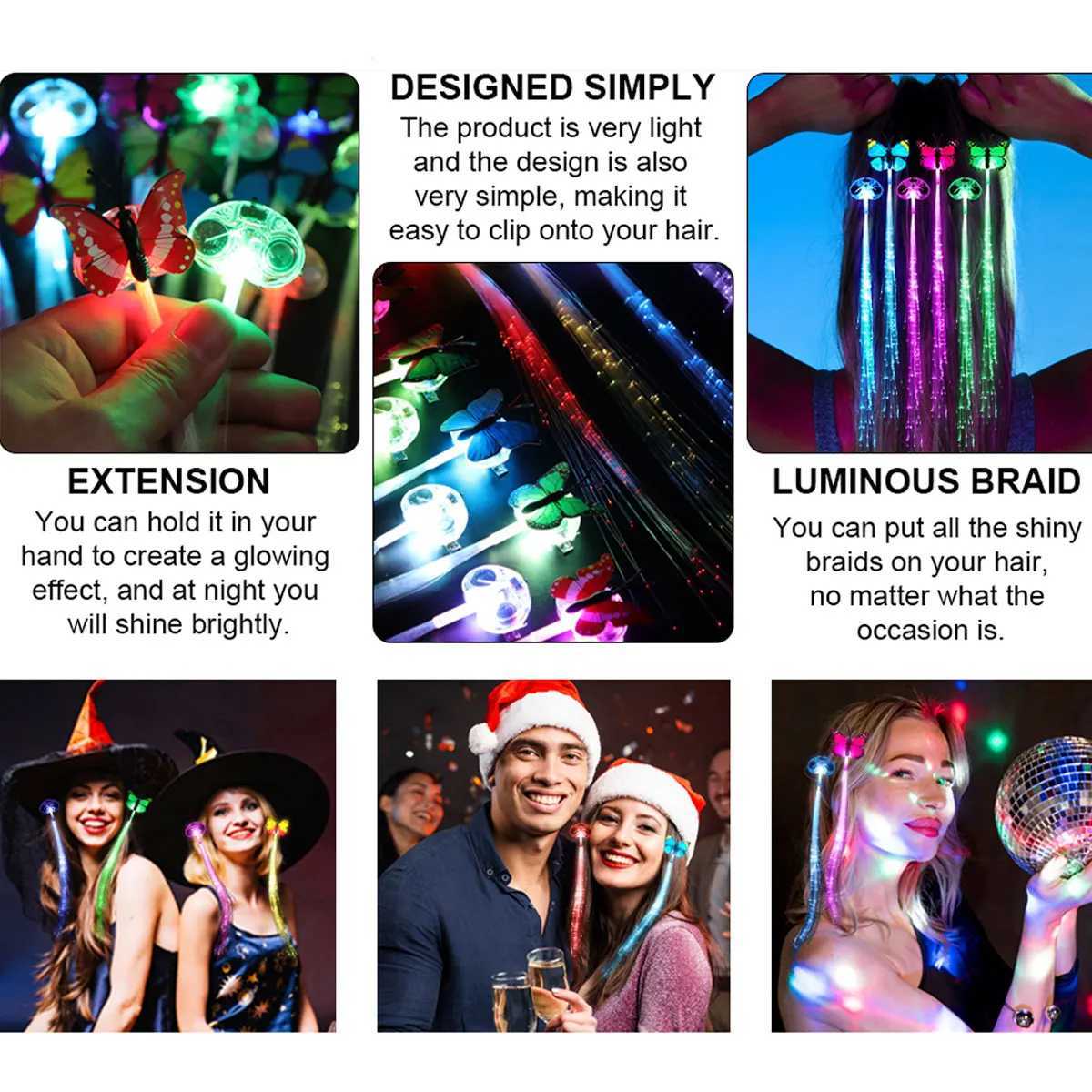 5pcs LED Glow Butterfly Hair Clips LED Light Fiber Optic Hair Braid Barrettes Glow-In-The-Dark Fairy Braids for Parties Events W250528