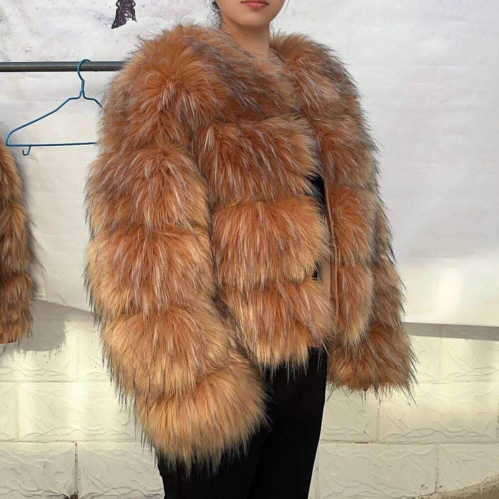 HOOOFUR Faux Women's Jacket Winter Fashion Warm Thick Fox Raccoon Leather Brown Plus Size Especially Fake Fur Cold Coat