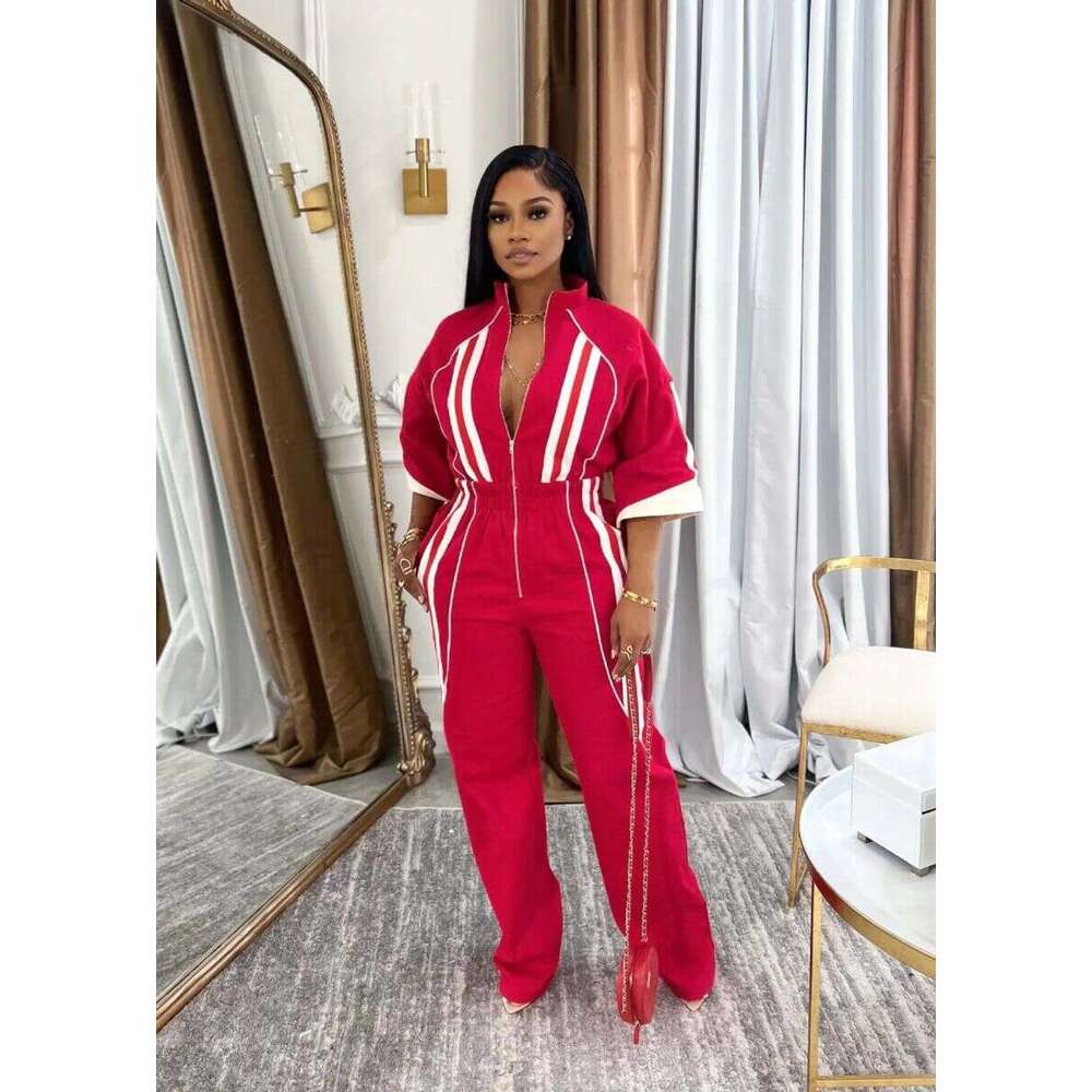 Women Half Sleeve High Waist Straight Wide Leg Jumpsuits Striped Cargo Active Holiday Night Party One Piece Suit Romper