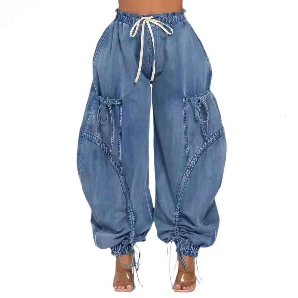 Women Streetwear Drawstring Fashion Fly Denim Pants 2024 Autumn Loose Safari Style Cargo Harem Hip Hop Jeans