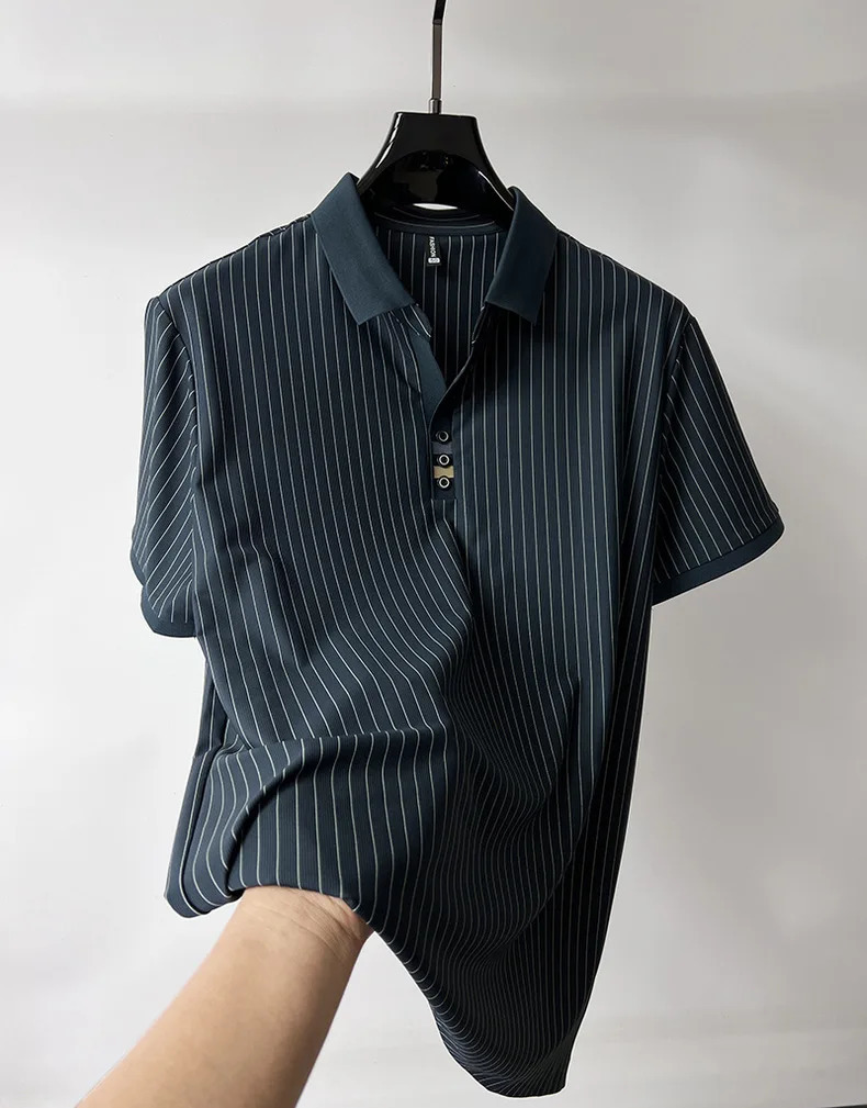 High end ice silk vertical stripe short sleeve POLO shirt men summer fashion business leisure T-shirt comfortable cool top 250526