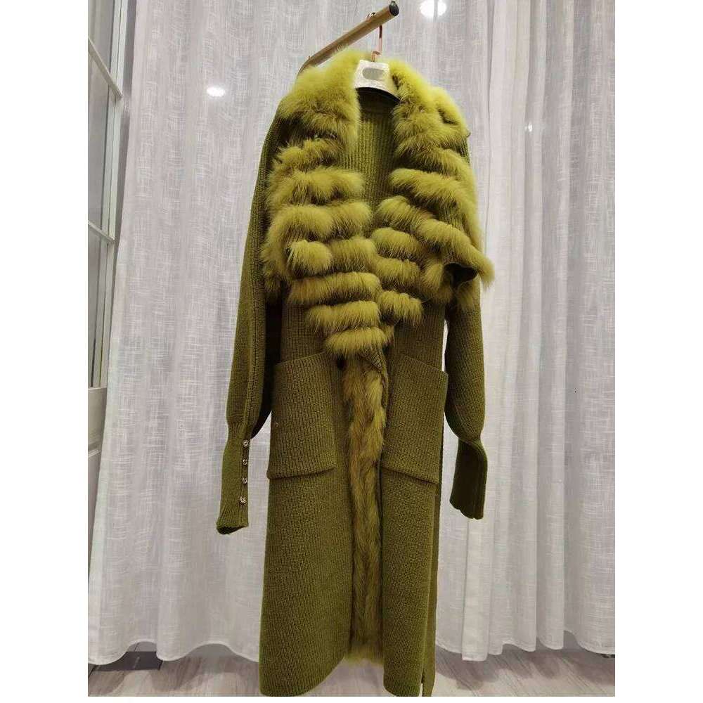 ZDFURS*2022 New Women Special Autumn Real Knitting OverSize Coat Fox Fur Collar Lady's Fashion Long Sweater Length 110cm