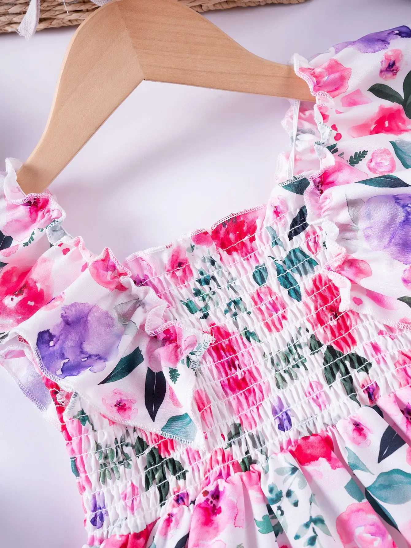 1 - 7 Y Baby Girls Sweet Floral Dress with Ruffled Sleeves Smocked Waist - Perfect for Party Summer Wear for Kids Girl Dress X250528