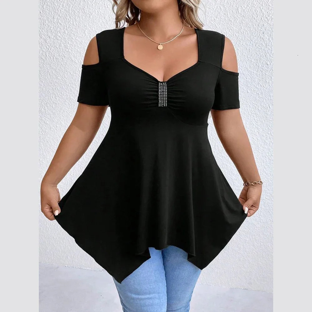 Womens Plus Size Sexy OffShoulder Blouse Solid Ruched Short Sleeves Pullovers Irregular Hem Female Summer Casual Shirts 250519