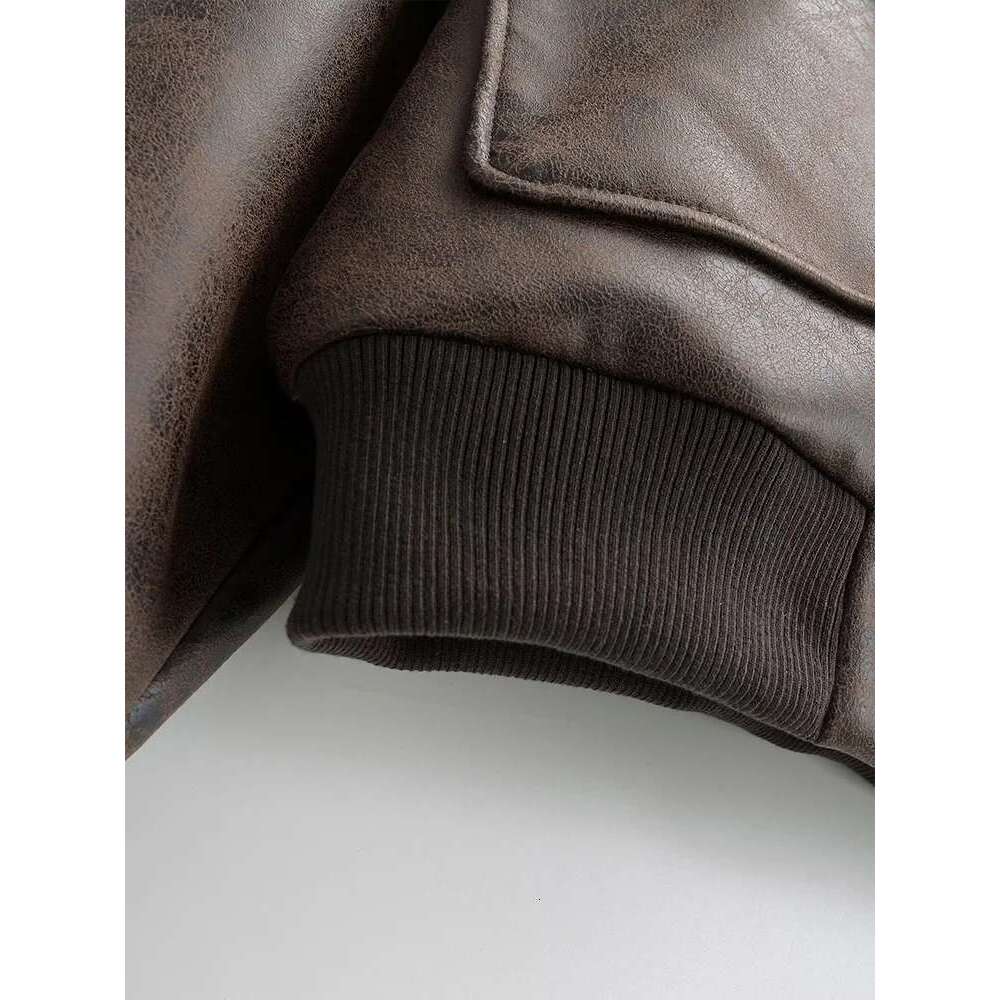 Autumn and Winter New Lapel Pocket Decoration Loose Faux Leather Bomber Jacket Short Coat Women