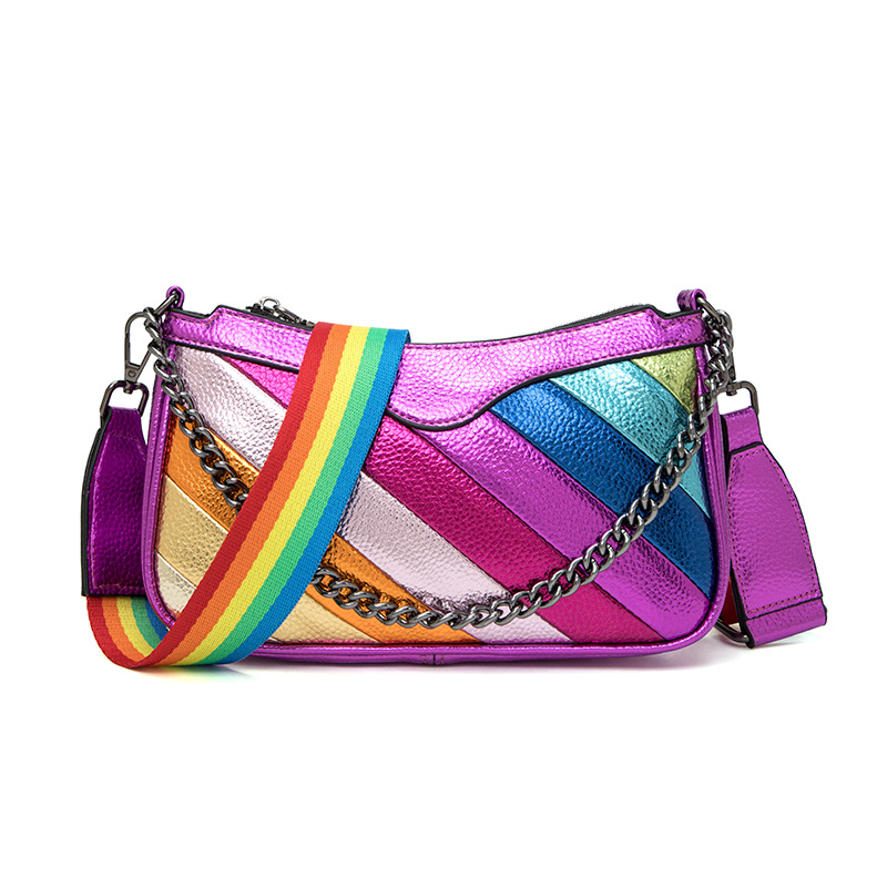 Women's Color Blocking Splicing Wide Chain Crossbody Bag Ladies PU Rainbow Handbag Ins Niche Design Adult Girls Shoulder Bag